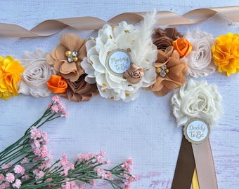 Banda de maternidad para baby shower de otoño, banda boho unisex, pines para papá y familia