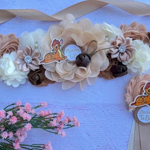 Deer Baby Shower Sash ,Mommy and Daddy to be Pins , Maternity Sash, Woodland Corsage image 5