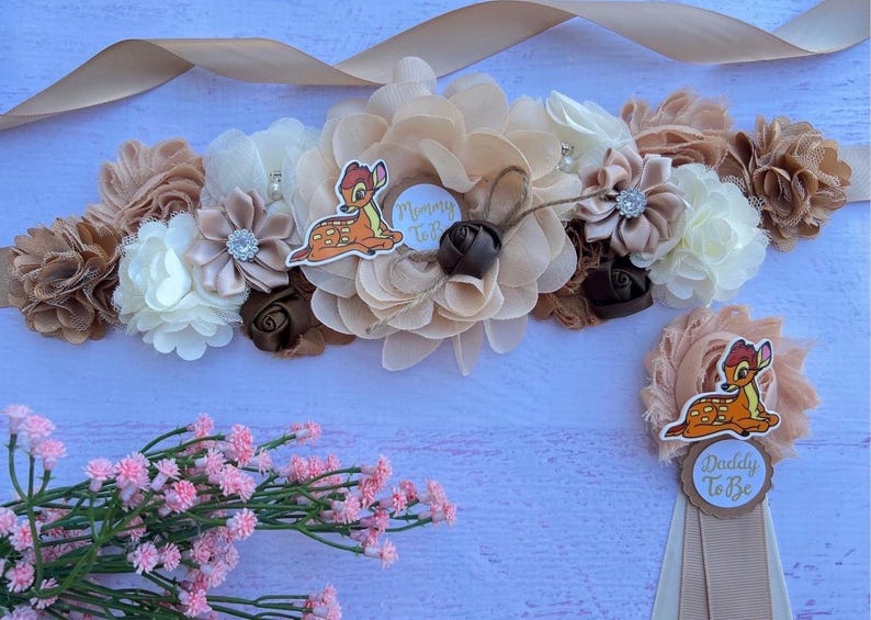 Deer Baby Shower Sash ,Mommy and Daddy to be Pins , Maternity Sash, Woodland Corsage image 5