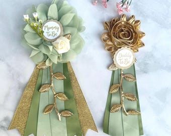 Greenery Baby Shower Corsages Greenery Baby Shower Pins Mom and Dad To Be Pins Mommy To Be Ribbon Family Pins Mommy Corsage Gender Neutral