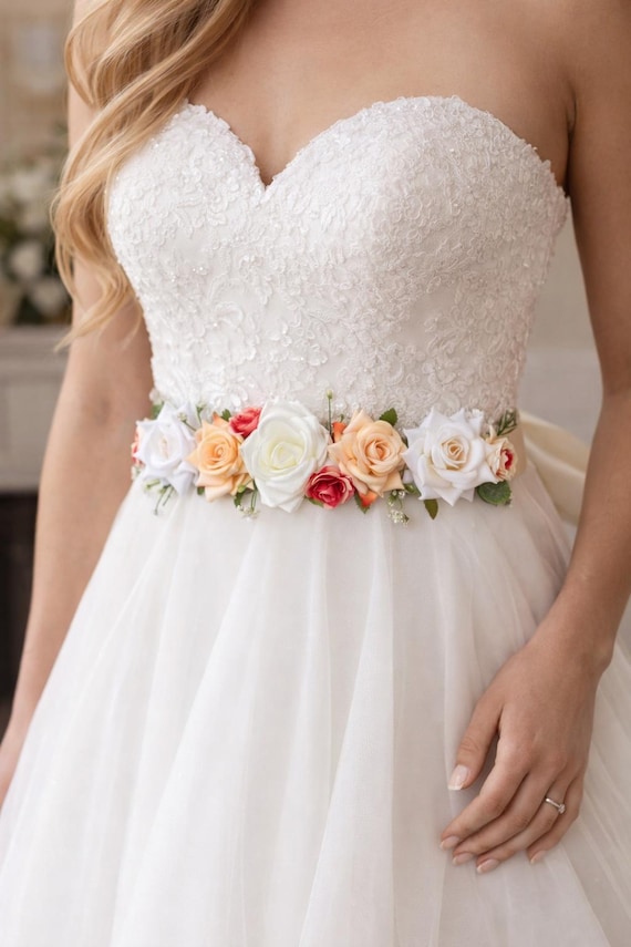 Wedding Floral Belt , Peach Cream White Bridal Belt  display picture 1