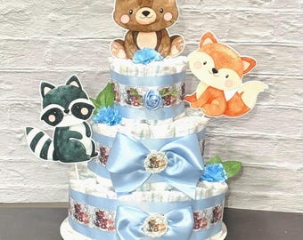 Woodland Diaper Cake Boy, 3 Tier Baby Shower Centerpiece - Etsy