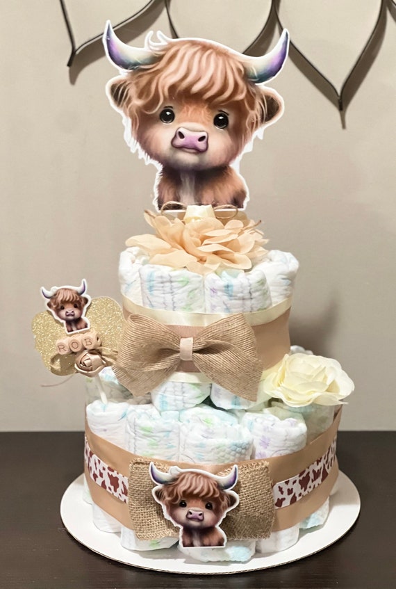 Highland Cow Baby Shower Diaper Cake Boho Cow Baby Shower