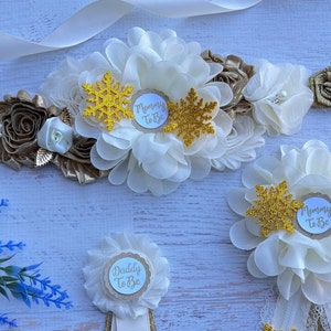 Winter Wonderland Baby Shower Sash , Gold  Snowflake Maternity Sash , Winter Wonderland Maternity Belt ,Gold Ivory Snowflake Sash