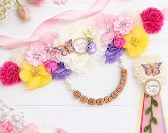 Baby in Bloom Baby Shower Sash ,Butterfly Maternity Belt ; Daddy and Family Pin