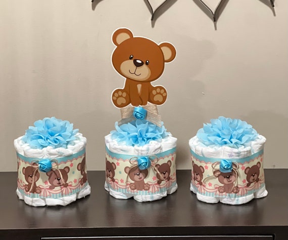 Teddy Bear Baby Shower Diaper Cakes, Pink or Blue, Set of Mini