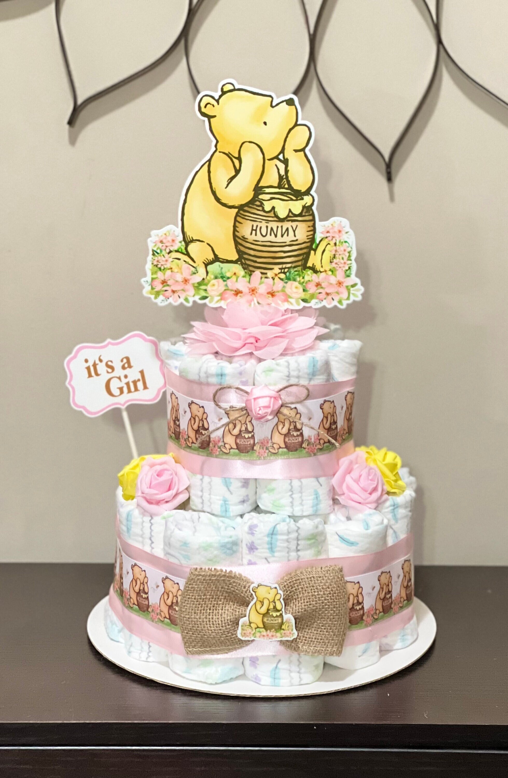Classic Winnie the Pooh Diaper Cake Girl Classic Pooh Baby Shower Girl Table Centerpiece Baby Shower Decoration Baby Shower