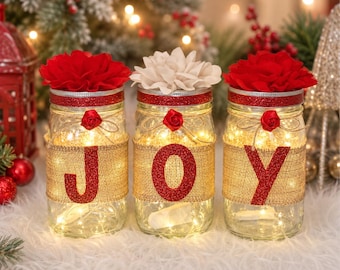 Christmas Mason Jar Centerpiece: Rustic Burlap Farmhouse Decor (Set of 3)