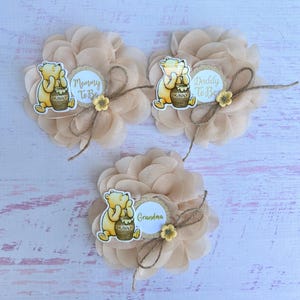 Classic Winnie The Pooh Baby Shower Corsage Family Pins Classic Pooh Baby Shower Pin Mom and Dad Pins Pooh Gender Neutral Baby Shower