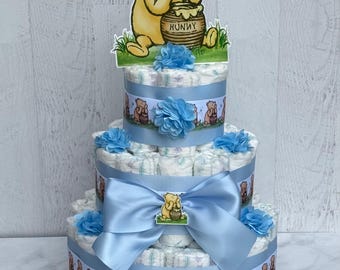 Classic Pooh Blue Diaper Cake Boy ,Baby Shower Centerpiece