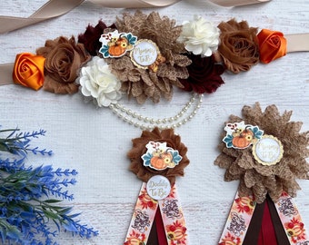 Pumpkin Baby Shower Maternity Sash , Fall Little Pumpkin Corsage, Mom and Dad Pins