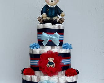 Polo Teddy Bear Diaper Cake, 3 tier Baby Shower Centerpieces