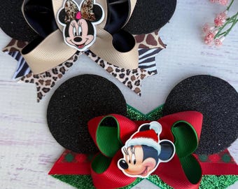 Minnie Mouse Ears Safari Hair Bow, Christmas Hair Clip