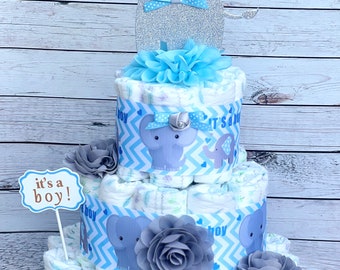 Elephant Diaper Cake Boy ,Elephant Baby Shower ,Diaper Cake Boy, Baby Shower Gift, Elephant Baby Shower Decoration, Shower Table Centerpiece