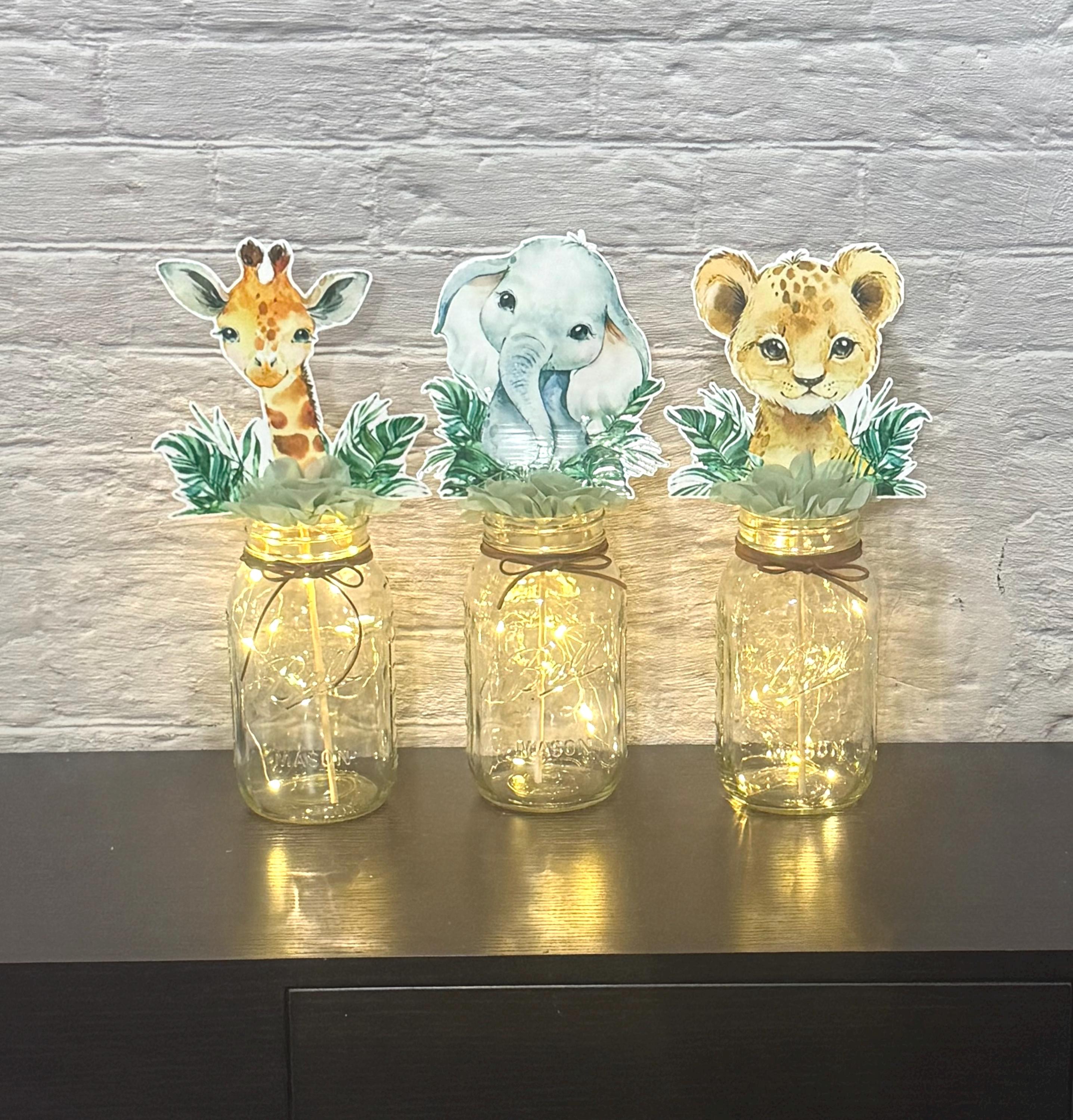 Safari Baby Shower Centerpieces with Fairy Lights  Mason Jar Decorations Gender Neutral Baby Shower Decor Jungle Safari Centerpiece