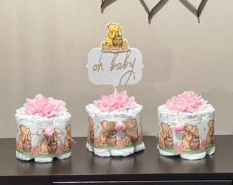 Set of 3 Classic Pooh Baby Shower Diaper Cake Girl Classic Pooh Centerpieces Table Decor Baby Shower Girl Baby Shower Gift Shower Decoration