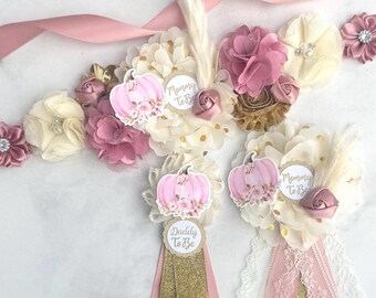 Rose Gold Pumpkin Baby Shower Maternity Sash Girl,Pink Pumpkin Pregnancy Sash ,Mom Dad and Family Baby Shower Corsages