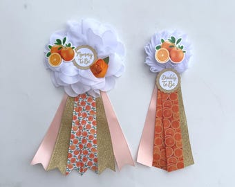 Cutie oranje babyshowercorsage, mama to be-lint, oranje corsage