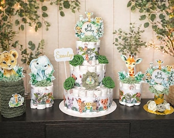 Safari Baby Shower Diaper Cakes Set: Jungle Animals Centerpieces