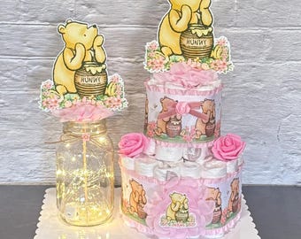 Classic Pooh Diaper Cake Girl Baby Shower Centerpiece Mason Jar / Gift/ Decoration