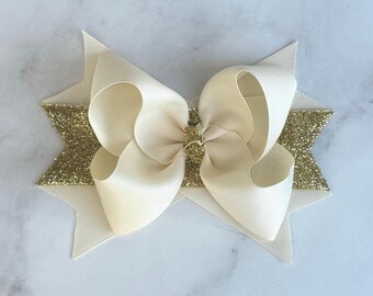 Ivory Gold Christmas Hair Bow: Large Holiday Bow for Toddler Girl