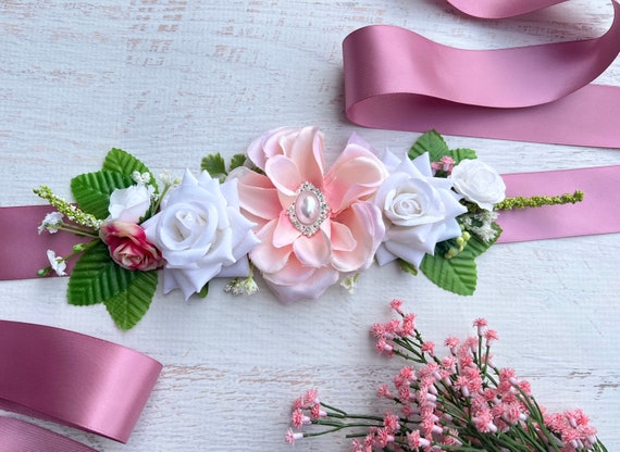 Pink White Satin Flower Maternity Sash Rhinestone Pearl Baby Shower Belt Sash Baby Pink Maternity Sash & Daddy to Be Corsage Set - Baby  main image 4