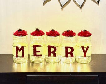 Christmas Mason Jar Centerpieces With Fairy Lights Christmas Centerpiece Holiday Mason Jar Decoration  Merry Christmas Decor Christmas Gift