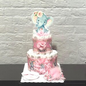Elephant Diaper Cake Girl  2 Tier Diaper Cake Girl Baby Shower Centerpiece, Elephant Baby Shower Gift, Elephant Centerpieces