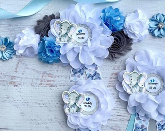 Elephant Baby Shower Sash ,Blue Elephant Maternity Sash Boy ,Blue Gray White Elephant Sash ,Pregnancy Sash ,Elephant Baby Shower Corsage