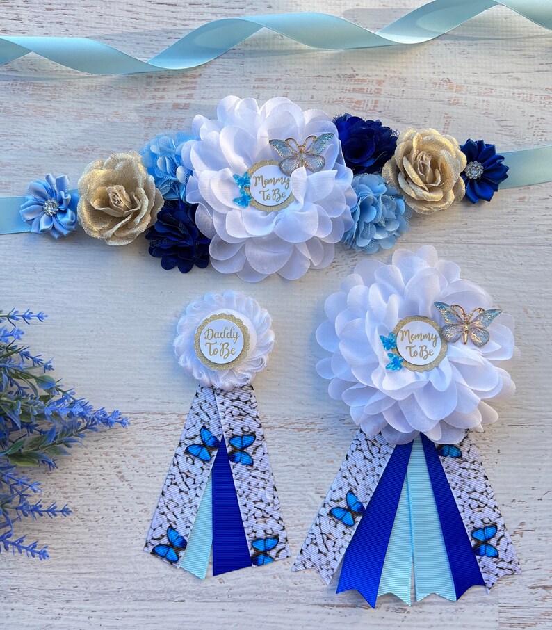 Blue Butterfly Baby Shower Sash Butterfly Maternity Sash Boy Etsy