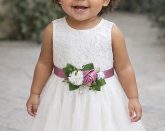 Ceinture rose poudré/crème pour fillettes - Ceinture florale pour tout-petits et filles