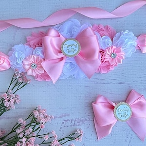 Pink Bow Baby Shower Sash Pink Bow Maternity Sash Pink Bow Maternity Belt Pregnancy Sash Mom To Be Sash Pink Bow Baby Shower Pins
