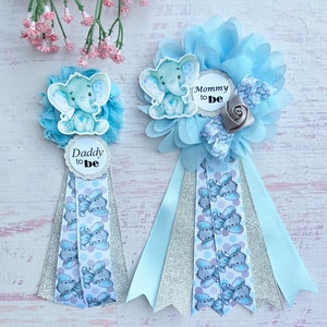 Elephant Baby Shower Corsage ,Elephant Baby Shower boy , Mom and Dad to be pins ,Baby Shower Pin, Mommy to be Ribbon, Family Pins
