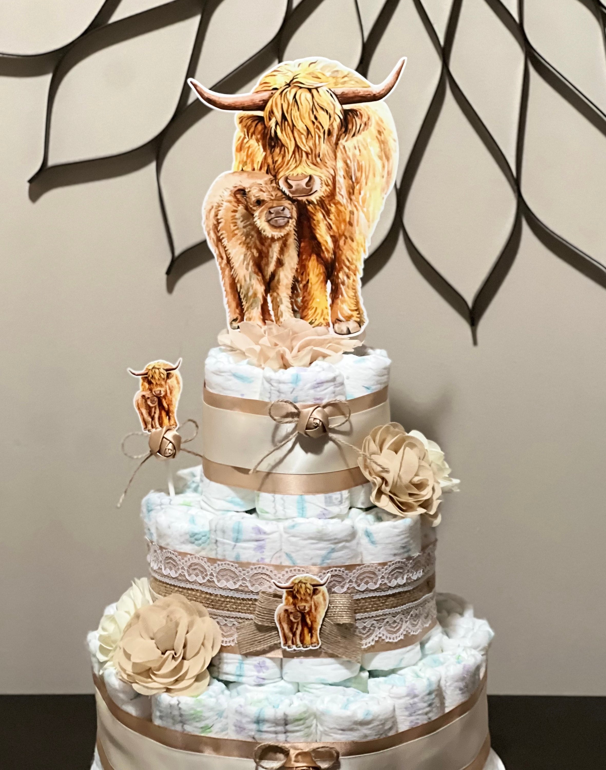 Highland Cow Baby Shower Diaper Cake , Boho Cow Baby Shower Centerpiece,  Baby Shower Gift, Baby Shower Decoration, Shower Table Centerpiece, image size:2361x3000