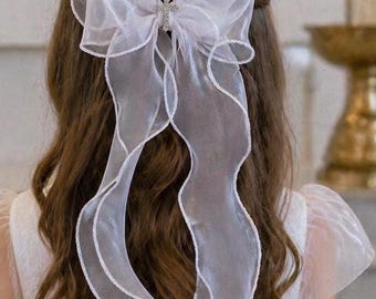 Pinza para el cabello de cola larga para bautizo, lazo para primera comunión