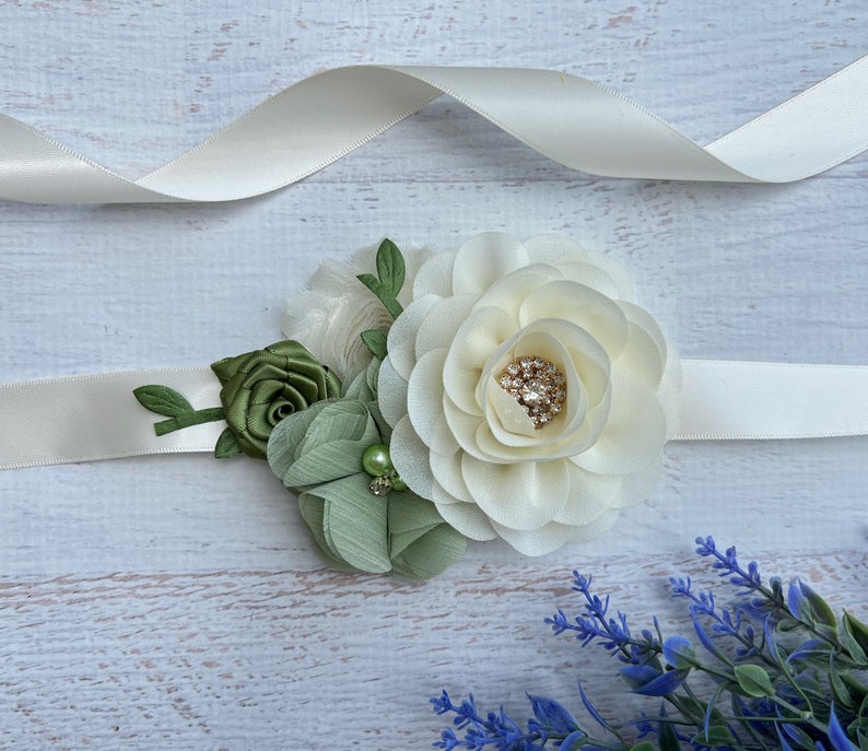 Ceinture de fille verte crème et sauge, ceinture de fille de fleur, ceinture de ceinture de fleur pour tout-petits, ceinture de ceinture vert ivoire pour filles, ceinture de mariée, ceinture de demoiselle d'honneur image 1