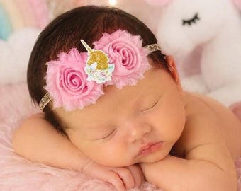 Rosa enhörningspannband för baby, nyfödd shabby rose, blommig hårrosett för babyflicka