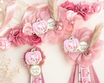 Pink Pumpkin Baby Shower Sash, Fall Mommy and Daddy Pins, Little Pumpkin Corsage