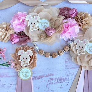 Bunny Baby Shower Maternity Sash ,Rabbit Baby Shower Sash, Mom to be ,Pregnancy Sash ,Pink Boho Bunny  Baby Shower Corsage, Baby Shower Girl