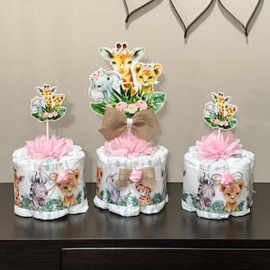 Safari Baby Shower Diaper Cakes, Set of 3 Mini Diaper Cake Baby Girl ,Baby Shower Gift, Jungle Safari Baby Shower Decoration, Centerpieces