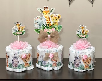 Safari Baby Shower Diaper Cakes, Set of 3 Mini Diaper Cake Baby Girl ,Baby Shower Gift, Jungle Safari Baby Shower Decoration, Centerpieces