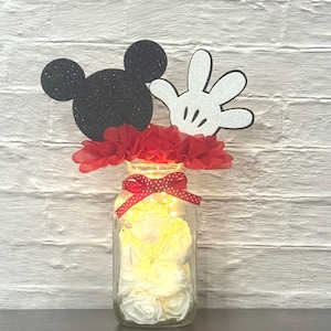 Mickey Mouse Baby Shower Centerpiece with Fairy Lights, Mason Jar Baby Shower Decoration, Red Mickey Mouse Party Decor Birthday Centerpiece