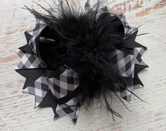 Buffalo Plaid Over The Top Bow White and Black Christmas Over The Top Hair Bow White Black Christmas Bow Plaid Hair Bow Feather Hair Bow