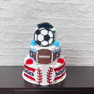 All-Star Sports Diaper Cake for Baby Shower - Baseball, Football , Soccer Theme Baby Gift - Baby Shower Centerpiece - Boy Baby Shower