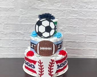 All-Star Sports Diaper Cake :Baseball, Football , Soccer Theme Baby Shower Centerpiece
