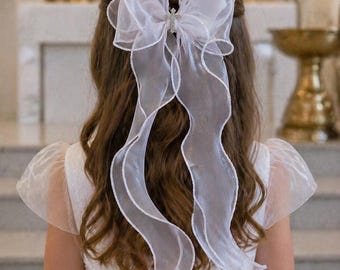 Baptism Long Tail Hair Bow Clip , First Communion Bow
