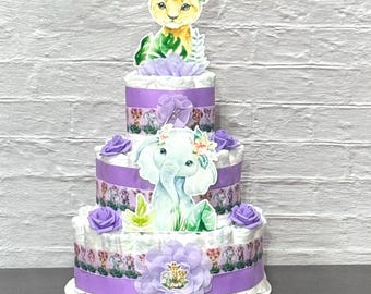 Purple Safari Diaper Cake Girl Jungle Safari Baby Shower Girl Baby Shower Decoration Baby Shower Gift Party Decor, Baby Shower Centerpieces