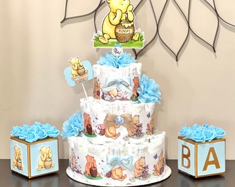 Classic Pooh Diaper Cake and Baby Block Centerpieces Baby Shower Decoration Table Centerpiece Pooh Baby Shower Boy Decoration Shower Gift