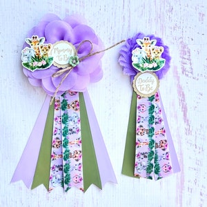 Girl Safari Baby Shower Corsages ,Safari Baby Shower Pin ,Mommy Ribbon Mom and Dad Pins,  Mommy Corsage, Jungle Safari Baby Shower Girl