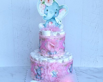 Pink Elephant Diaper Cake: 2-Tier Baby Shower Centerpiece with Headband & Socks